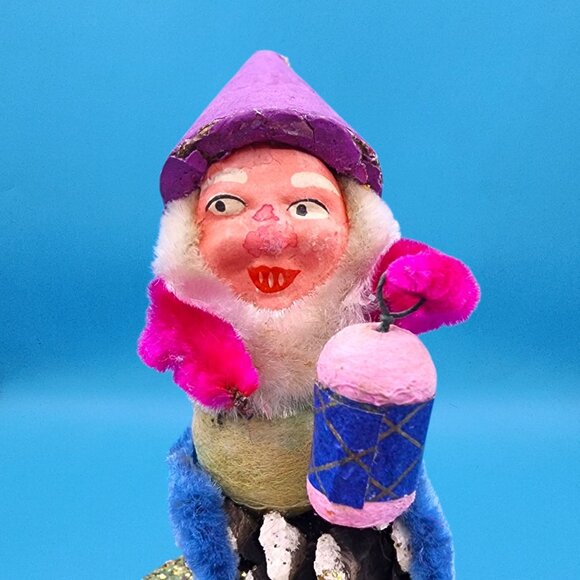 Vintage 1950s Japan Putz Elf Gnome Spun Cotton Lantern Purple Hat Christmas Deco - Picture 4 of 10